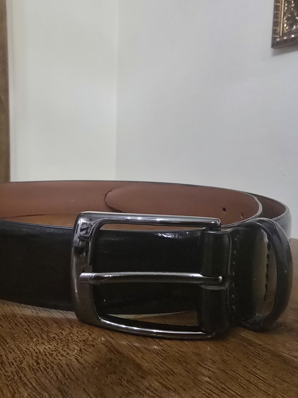 Johnston & Murphy Mens Black Leather Dress Belt Size 34 Gunmetal Buckle 75-8089